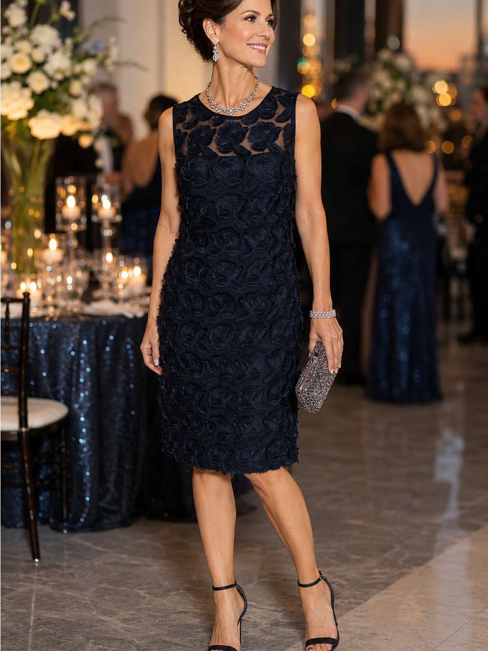 Lauren Ralph Lauren Floral Formal Midi Dress 12 Navy Blue Wedding Cocktail NWT